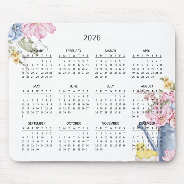 Simple Elegant Botanical 2026 Calendar | Mousepad (Front)