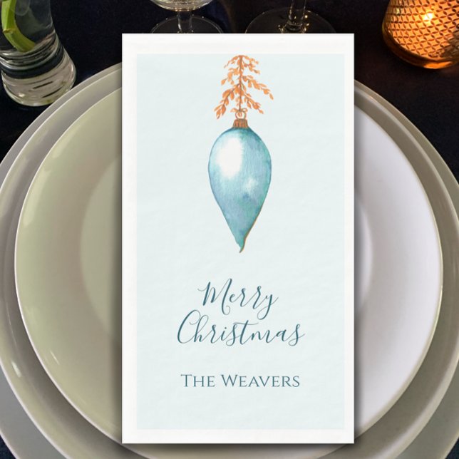 Simple Elegant Botanical Blue Watercolor Christmas Paper Guest Towels (Blue Merry Christmas dinner napkin. Personalized modern simple hand painted watercolor bauble.

)