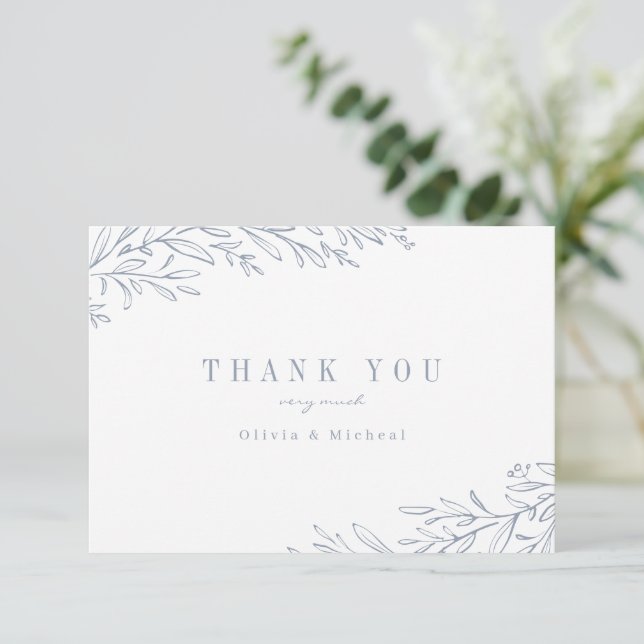 Simple elegant botanical dusty blue thank you card (Standing Front)