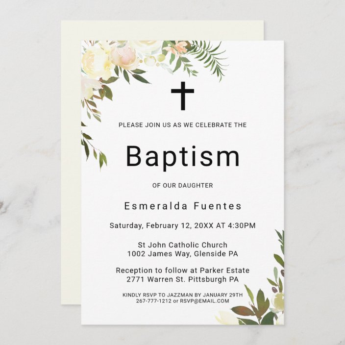 Simple Elegant Botanical Floral Cross Baptism Invitation | Zazzle.com