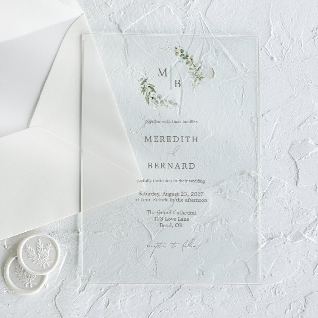 Simple Elegant Botanical Monogram Wedding Acrylic Invitations (Creator Uploaded)