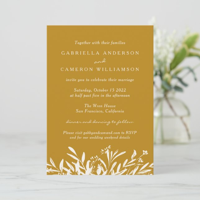 Simple Elegant Botanical Mustard Boho Wedding  Invitation (Standing Front)