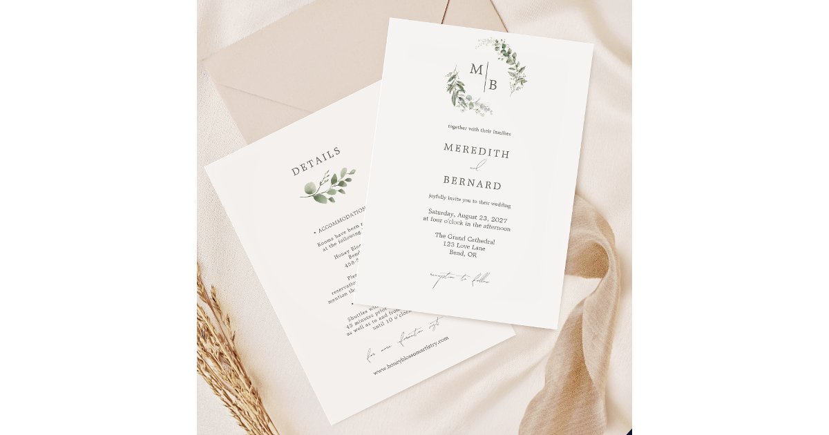 Simple Elegant Botanical Wedding Monogram Details Invitation | Zazzle