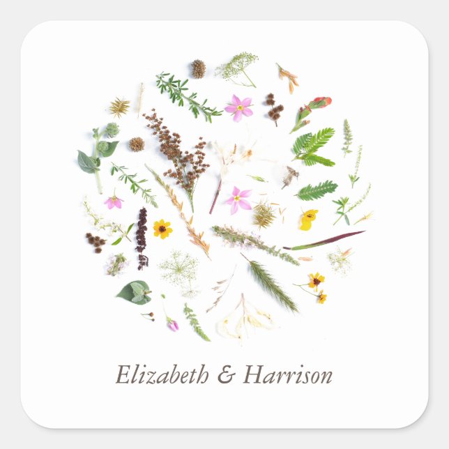 Simple Elegant Botanical Wild Flower Wedding Favor Square Sticker (Front)