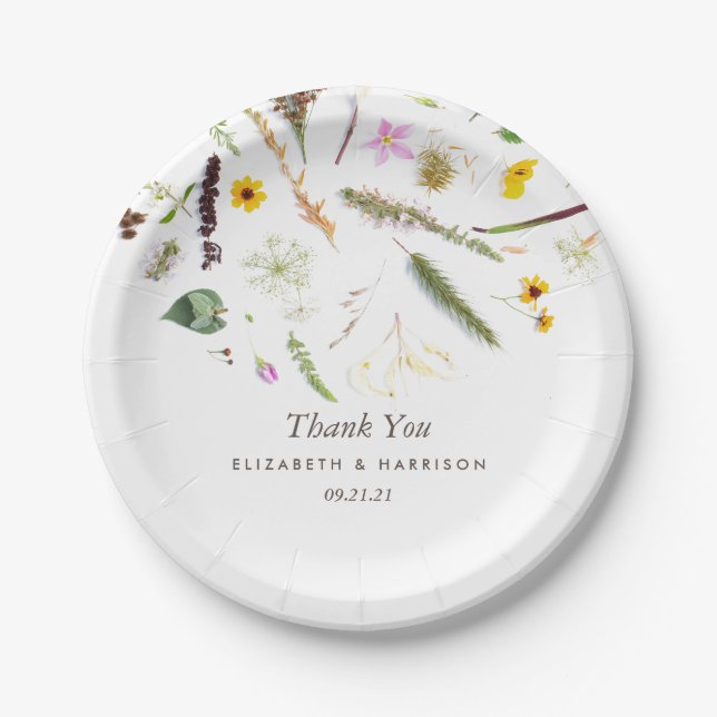 Simple Elegant Botanical Wild Flower Wedding Paper Plates (Front)