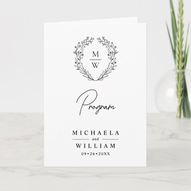 Simple Elegant Botanical Wreath Monogram Wedding Program (Front)