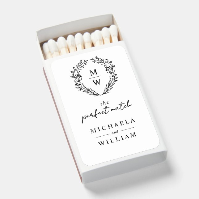 Simple Elegant Botanical Wreath Wedding Favor Matchboxes (Front Open)