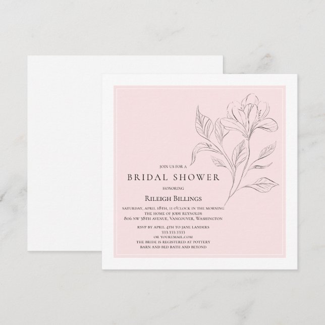 Simple Elegant Bridal Shower Pink White Floral Invitation (Front/Back)