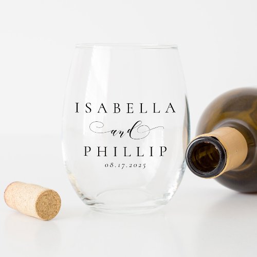 Simple elegant bride groom names newlywed wedding stemless wine glass