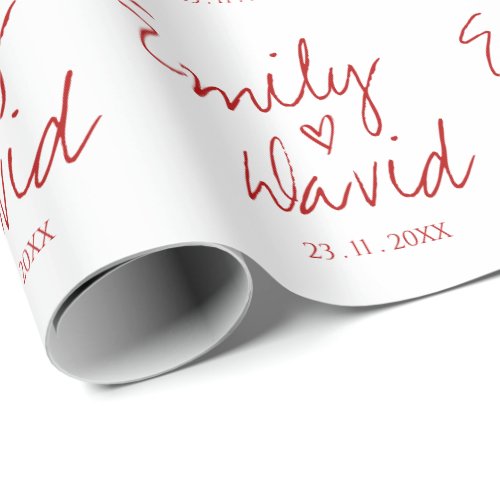 Simple Elegant Bride Groom Names Red Heart Wedding Wrapping Paper