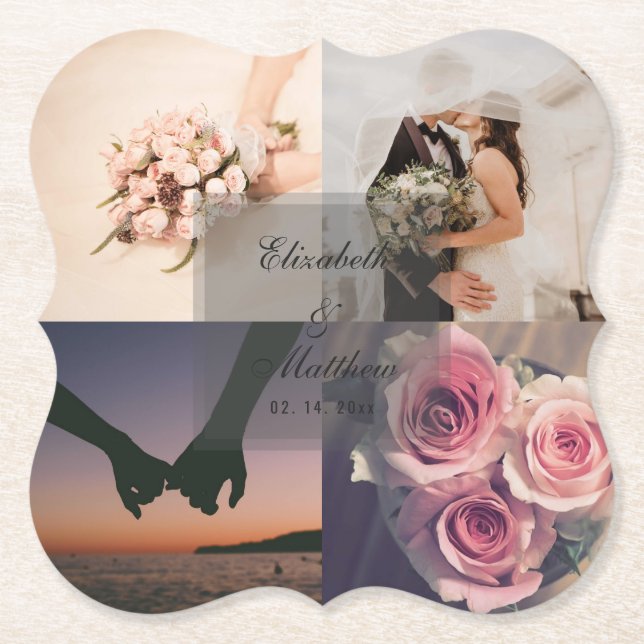 Simple Elegant Bride & Groom Photo Collage Wedding Paper Coaster (Front)