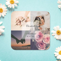 Simple Elegant Bride &amp; Groom Photo Collage Wedding Square Sticker