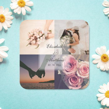 Simple Elegant Bride & Groom Photo Collage Wedding Square Sticker by littleteapotdesigns at Zazzle