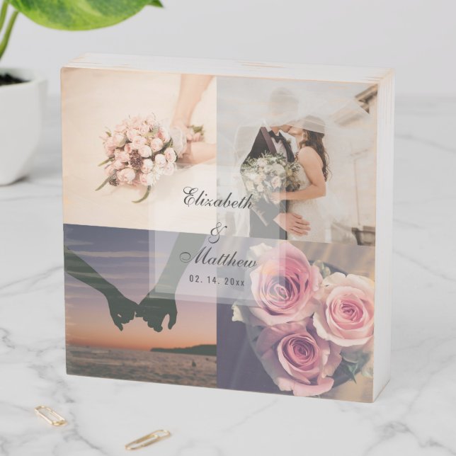 Simple Elegant Bride & Groom Photo Collage Wedding Wooden Box Sign (In Situ Horizontal)
