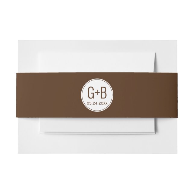 Simple elegant brown and white initials wedding invitation belly band (Front Example)