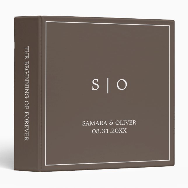 Simple Elegant Brown Monogram | Wedding Album 3 Ring Binder (Front/Spine)