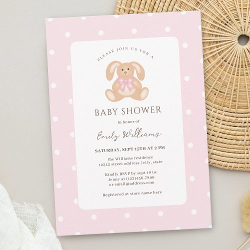 Simple Elegant Bunny Rabbit Pink Girl Baby Shower Invitation