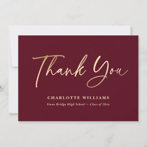 Simple Elegant Burgundy and Gold Graduation Thank You Card