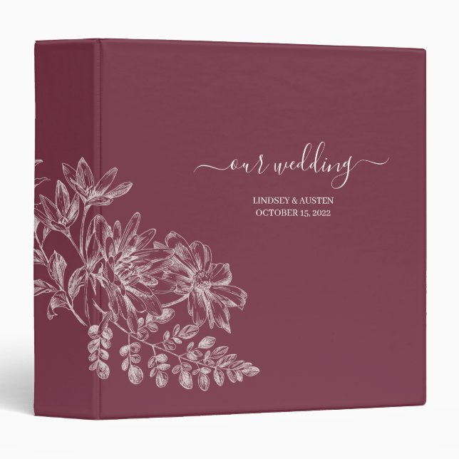 Simple Elegant Burgundy and White Script Wedding 3 Ring Binder (Front/Spine)