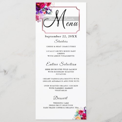 Simple Elegant Burgundy Floral Script Modern Wed Menu