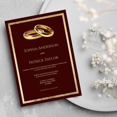 Simple elegant burgundy gold rings Wedding  Invitation