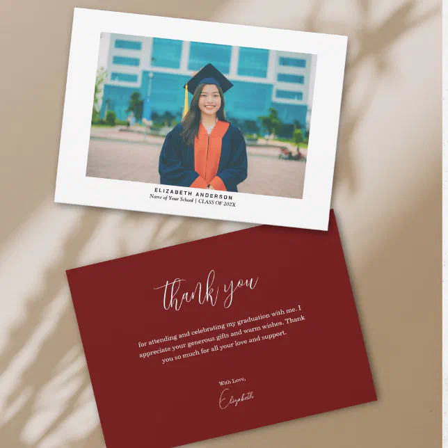 Simple Elegant Burgundy Graduate Photo Graduation Thank You Card | Zazzle
