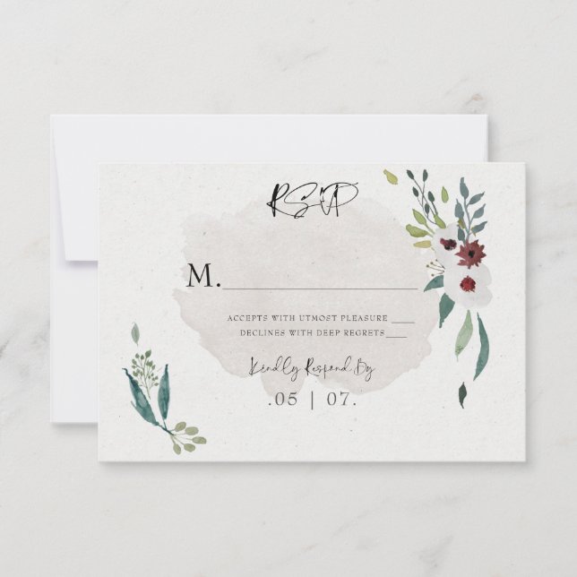 Simple Elegant Burgundy Greenery Watercolor RSVP Card (Front)
