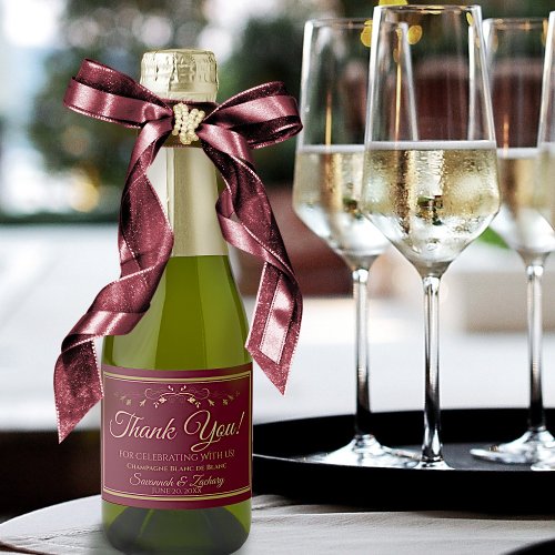Simple Elegant Burgundy Maroon  Gold Wedding Mini Sparkling Wine Label