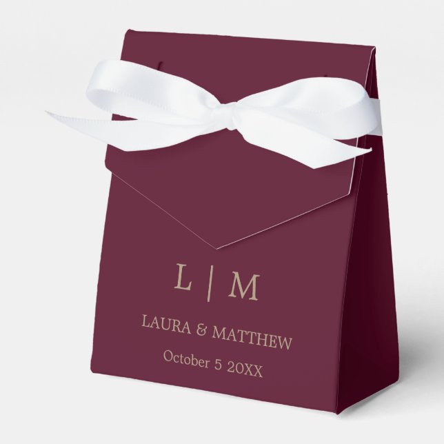 Simple Elegant Burgundy Monogram Wedding Favor Boxes (Front Side)