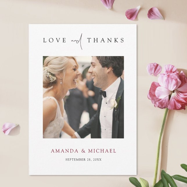 Simple Elegant Burgundy Photo Wedding Thank You Card (Creator Uploaded)