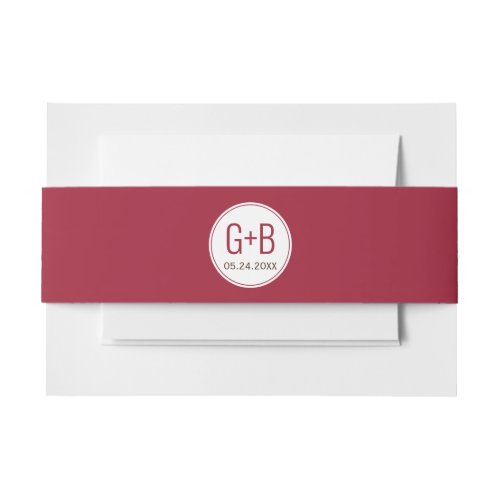 Simple elegant burgundy red initials wedding invitation belly band