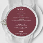 Simple Elegant Burgundy Round Wedding Dinner Menu<br><div class="desc">A round dinner menu card on burgundy (or any color) and chic lettering in white displays your menu choices. Perfect for a modern wedding reception, wedding rehearsal dinner, anniversary party or any special event with a sit down dinner. Choose ANY COLOR BACKGROUND, any COLOR TEXT, any FONT! Easily personalize with...</div>