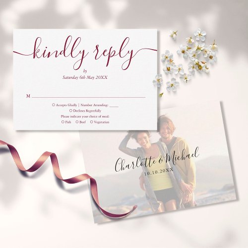 Simple Elegant Burgundy Script Photo Wedding RSVP Card