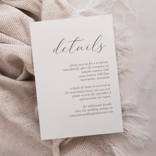 Simple Elegant Burgundy Script Wedding Details Enclosure Card