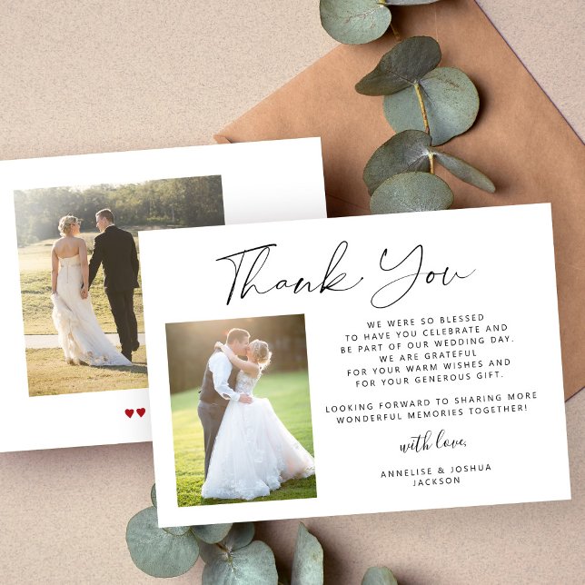 Simple elegant calligraphy 2 photos wedding thank you card (Creator Uploaded)