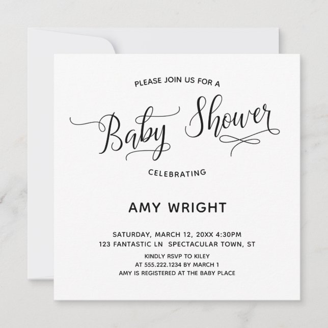 Simple, Elegant Calligraphy Baby Shower Invitation (Front)