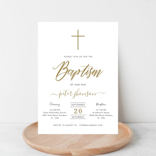 Simple Elegant Calligraphy Baptism Boy Rustic Gold Invitation