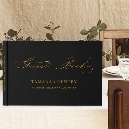 Simple Elegant Calligraphy Black and Gold Wedding Guest Book