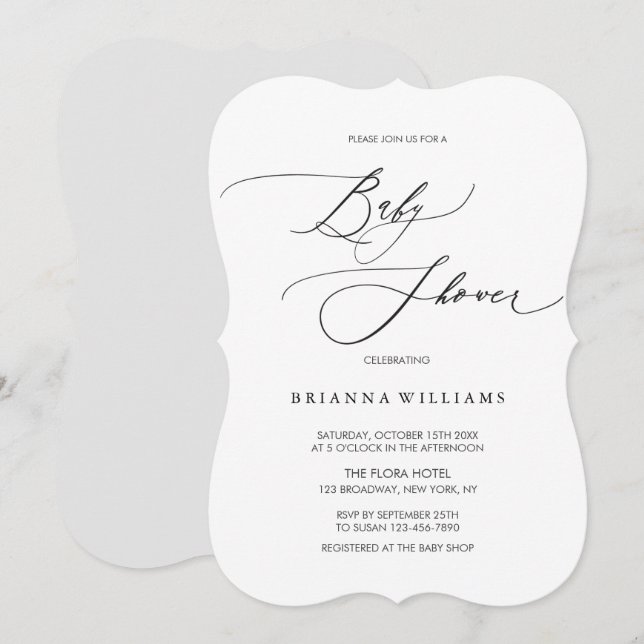 Simple Elegant Calligraphy Black White Baby Shower Invitation (Front/Back)
