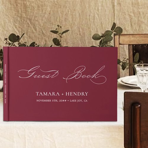 Simple Elegant Calligraphy Burgundy Wedding Guest Book