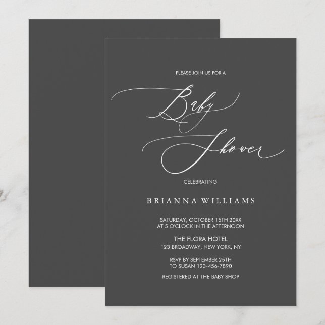 Simple Elegant Calligraphy Charcoal Baby Shower Invitation (Front/Back)