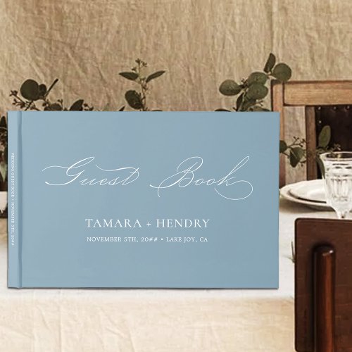 Simple Elegant Calligraphy Dusty Blue Wedding Guest Book