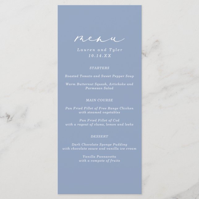Simple Elegant Calligraphy Dusty Blue Wedding Menu (Front)