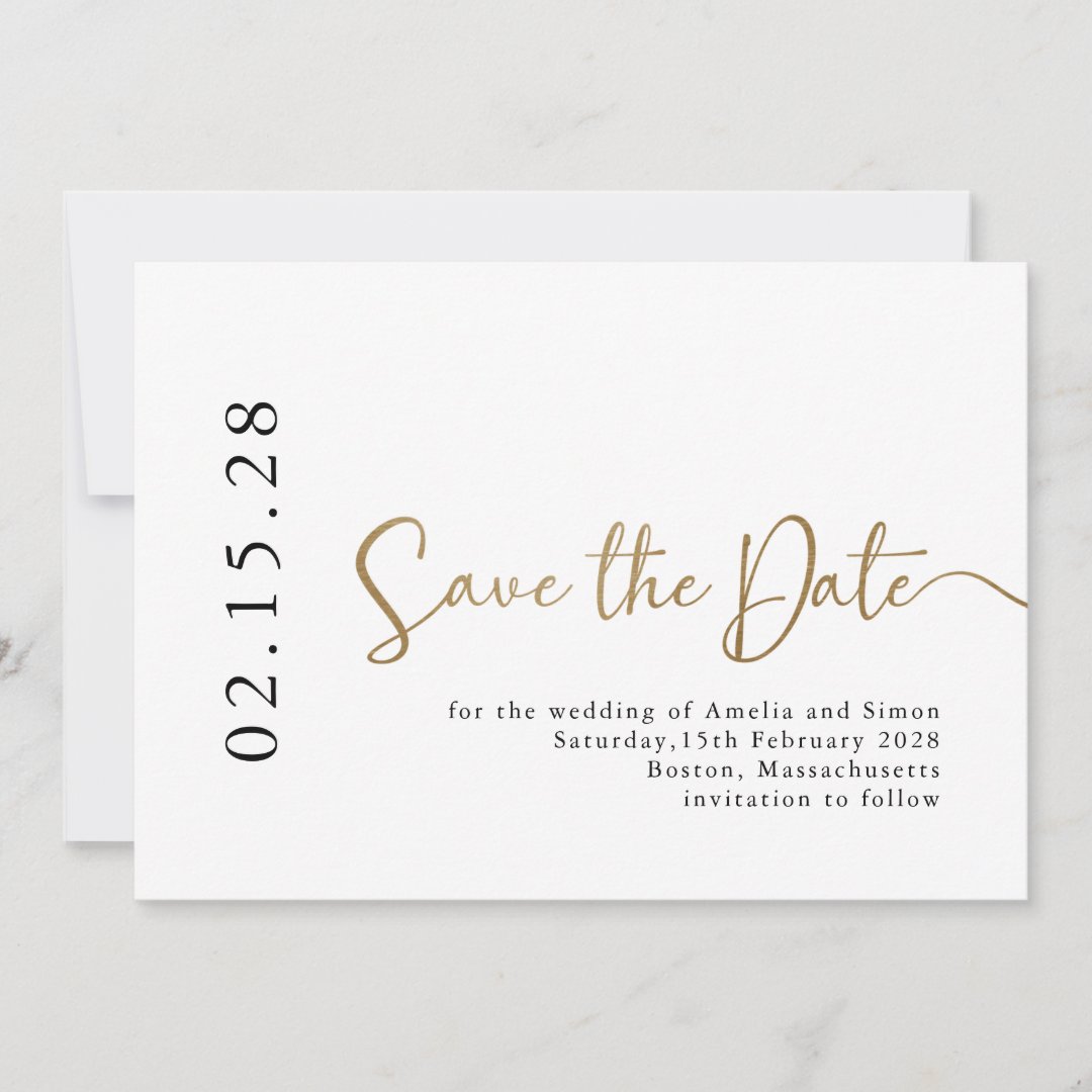 Simple Elegant Calligraphy Font Black White Gold Save The Date | Zazzle