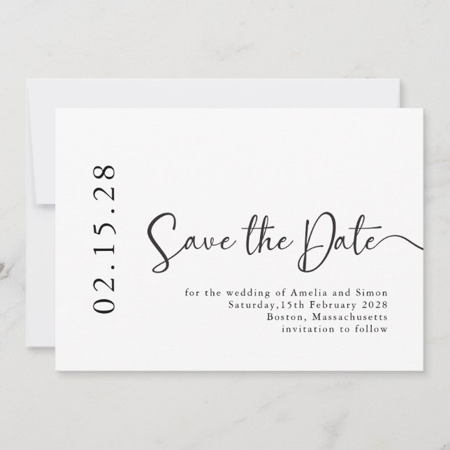 Simple Elegant Calligraphy Font Black & White Save The Date (Front)