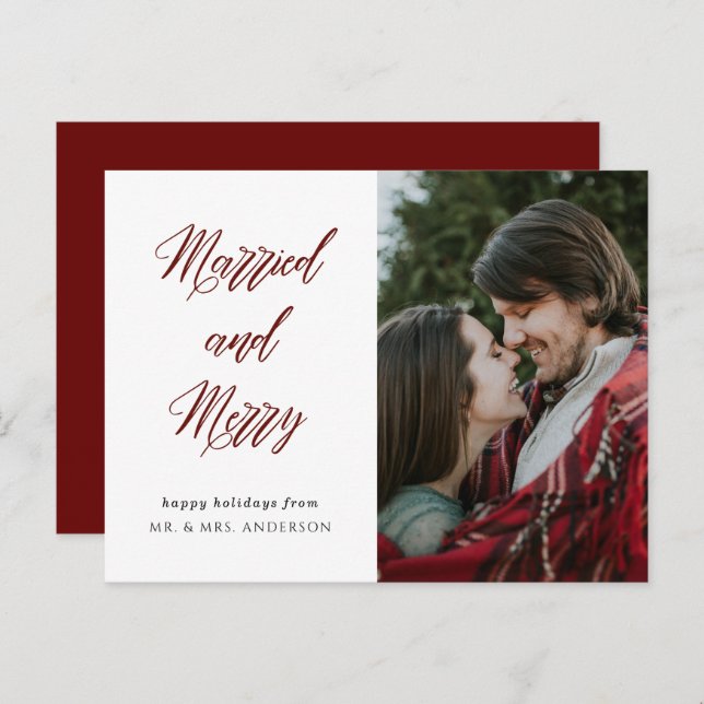 Simple Elegant Calligraphy Married and Merry Photo Postcard (Front/Back)