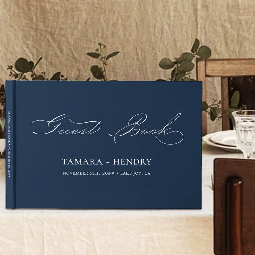 Simple Elegant Calligraphy Navy Blue Wedding Guest Book