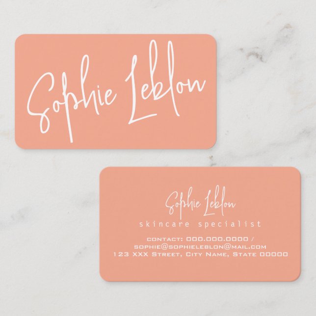 Simple Elegant Calligraphy Peach Color Business Card (Front/Back)
