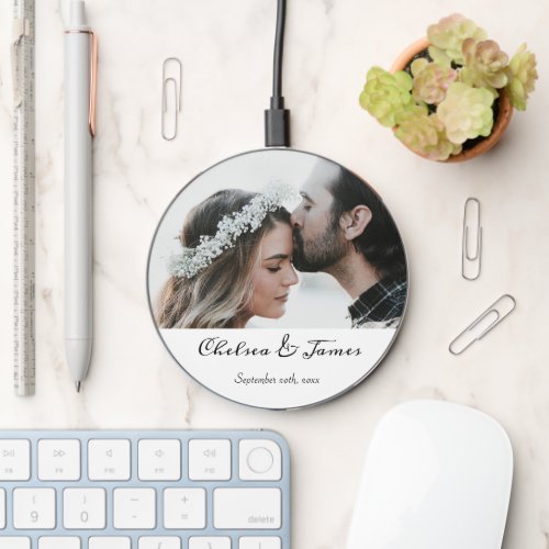 Simple Elegant Calligraphy Photo Name Date Custom Wireless Charger