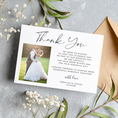 Simple elegant calligraphy photo wedding thank you card